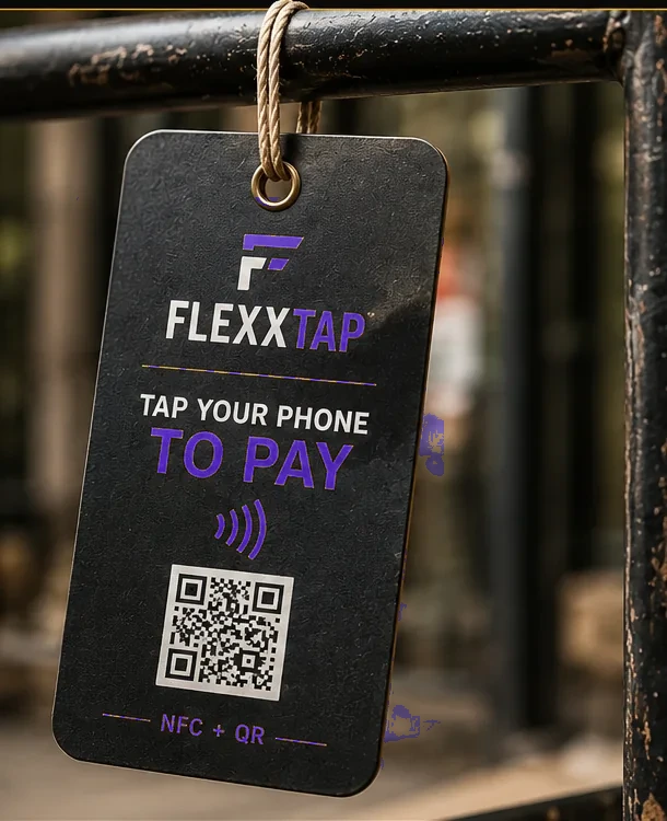 FlexxTap NFC payment tag hanging on a gate